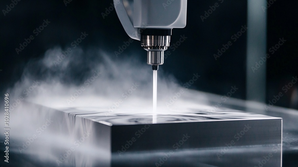A precision tool emits a jet of mist while machining a metallic block, showcasing advanced manufacturing technology in action. A precision tool emits a jet of mist while machining a metallic block, showcasing advanced manufacturing technology in action.