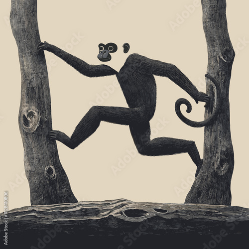 Stylized black-and-white illustration of a monkey climbing between two trees, capturing motion and agility in a simple, yet expressive design with a natural forest setting