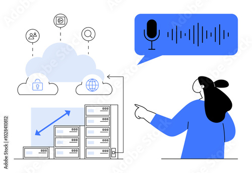 Woman pointing towards a cloud storage system with icons, servers, globe, and microphone with sound waves. Ideal for technology, cloud computing, data storage, voice recognition, and digital