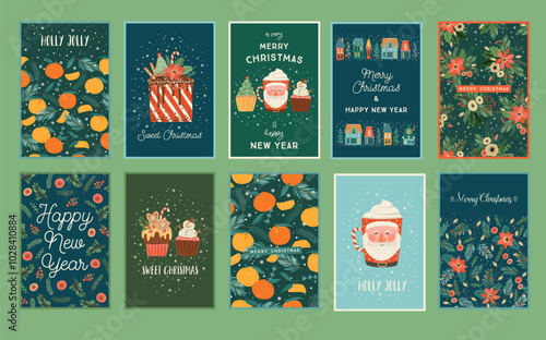 Set of Christmas and Happy New Year cards. Cute bright illustrations witn New Year symbols.. Vector templates.