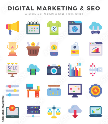 Vector DIGITAL MARKETING & SEO types icon set in Flat style. vector illustration.