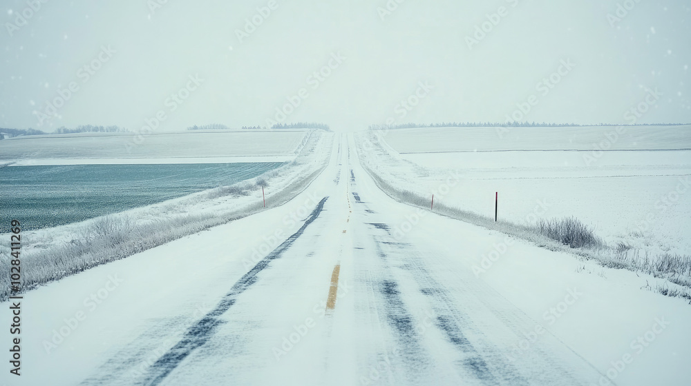 Snow-Covered Fields and Pristine Road Under Pale Gray Skies Snow-Covered Fields and Pristine Road Under Pale Gray Skies