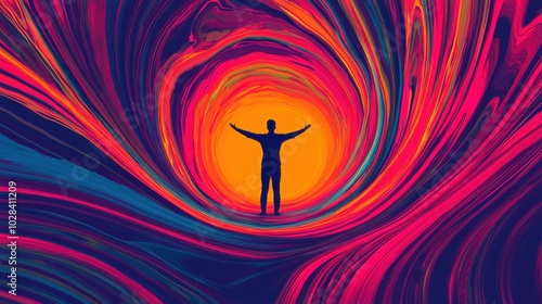 A swirling vortex of colorful data streams and shapes, with a person standing in the center, arms outstretched, as the energy flows into them. Concept of absorbing knowledge and resources during