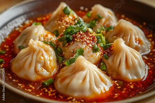 Close-up of Steamed Dumplings with Spicy Sauce and Sesame Seeds.