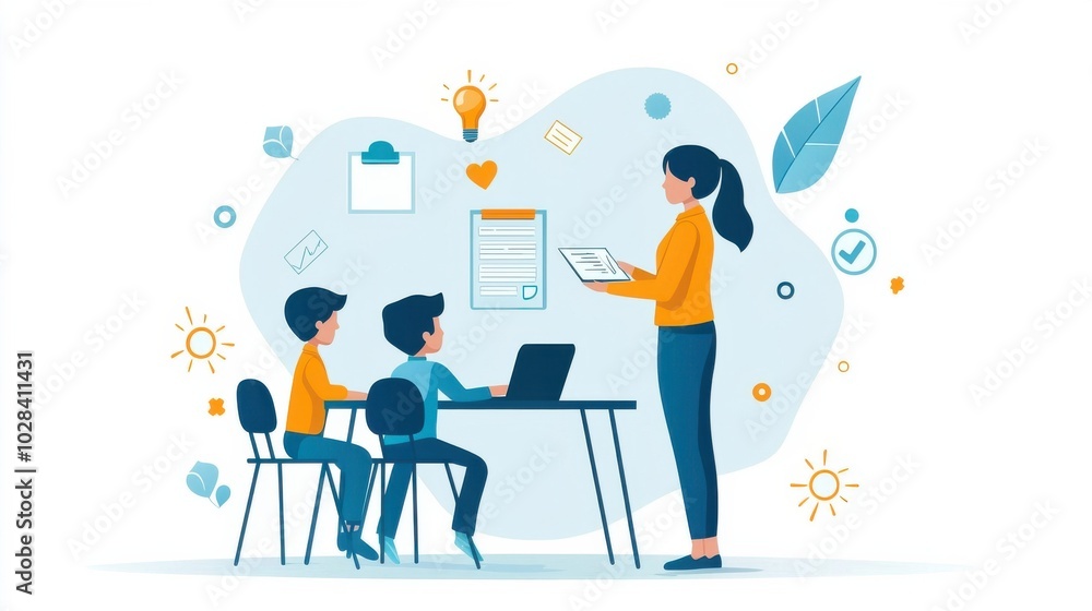 A teacher stands at the front of a classroom, helping a group of young students set academic goals for the school year. A teacher stands at the front of a classroom, helping a group of young students set academic goals for the school year.