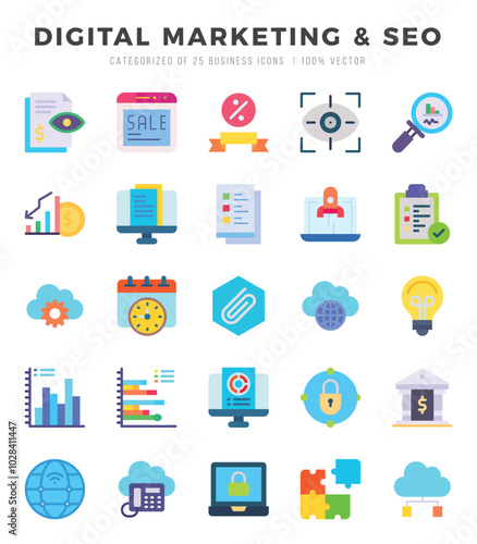 DIGITAL MARKETING & SEO. Flat icons Pack. vector illustration.