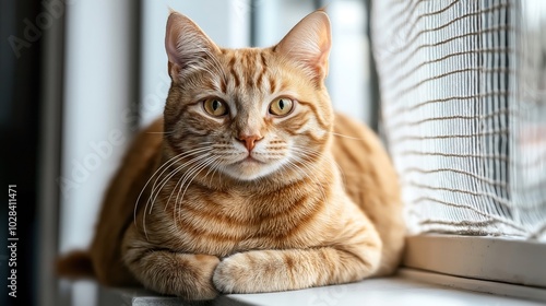 Wallpaper Mural A close-up of a ginger tabby cat with striking green eyes, sitting indoors on a window sill with a net curtain in the background, displaying its distinctive striped fur pattern. Torontodigital.ca