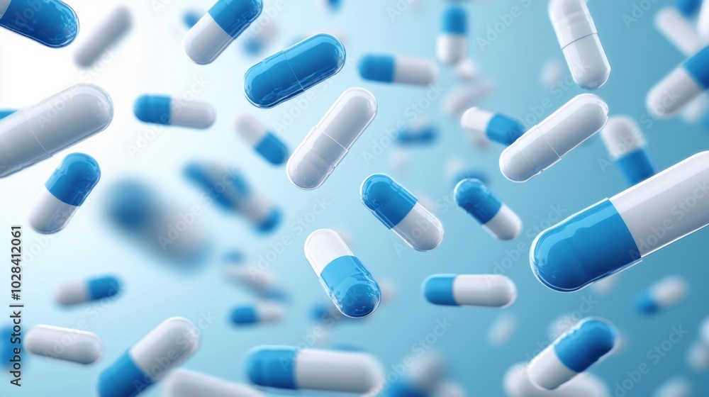 Abstract health symbols floating across a clean blue and white background Abstract health symbols floating across a clean blue and white background