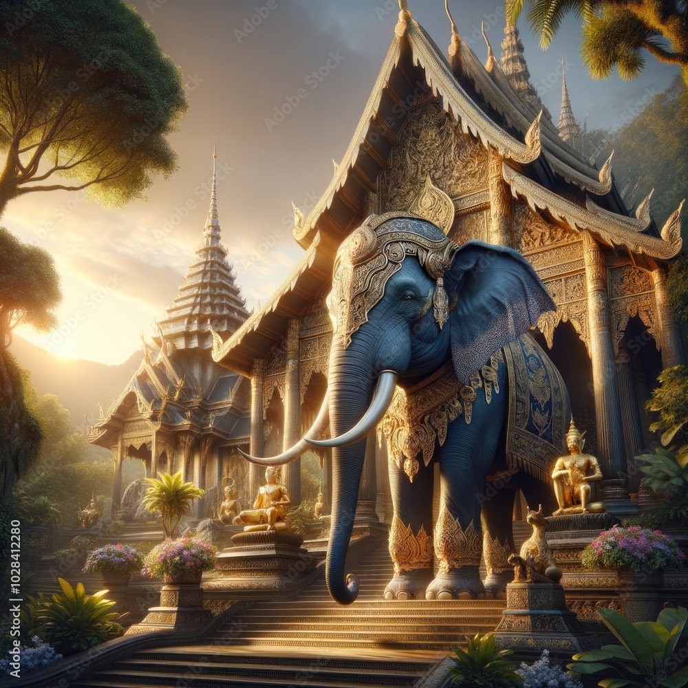 Majestic Royal Elephant in Golden Armor Before a Grand Southeast Asian Temple at Sunset, Surrounded by Lush Greenery and Vibrant Flowers, Illuminated by the Warm Glow of the Setting Sun, Symbolizing D