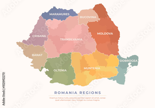 Colorful Romania map with outlined regions, regions names and counties, isolated on white background