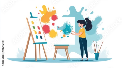 A woman paints in her art studio, a smile on her face as she adds vibrant colors to the canvas. Her positive mindset allows her creativity to flow freely.