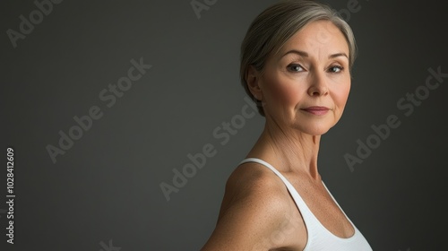Short-haired woman in a white t-shirt smiles, breast cancer awareness dark background