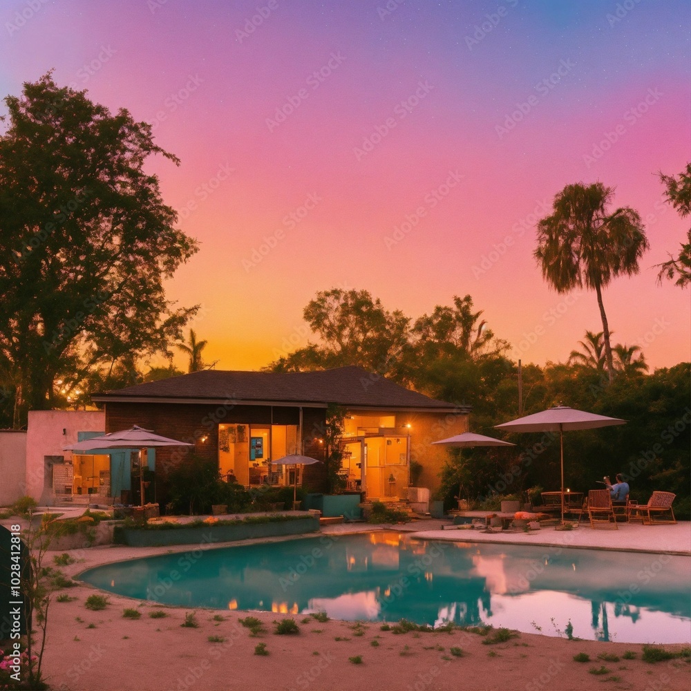 Fototapeta premium Pool and house at sunset, AI generated