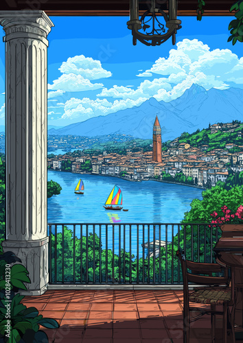 Stunning Mediterranean-style view from a veranda overlooking a picturesque lakeside town with colorful sailboats, mountains, and blue skies, framed by lush greenery and classical columns