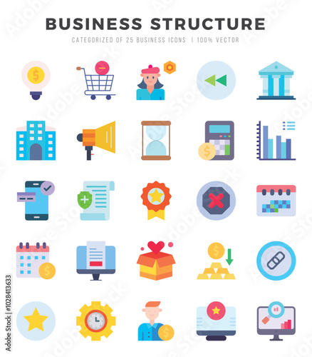 Set of 25 Business Structure Flat Icons Pack.