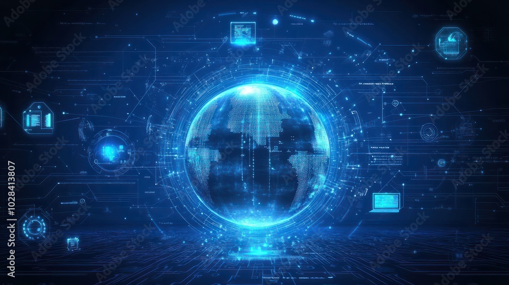 digital technology Illustration of global network concept with icons and globe internet network connection concept. digital technology Illustration of global network concept with icons and globe internet network connection concept.