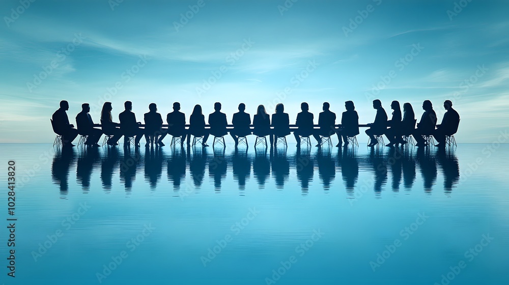 Naklejka premium Corporate group planning and reviewing business objectives around a large table in a formal setting