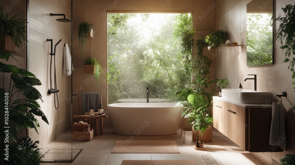 Fototapeta premium Eco-friendly modern bathroom with natural light - generative ai