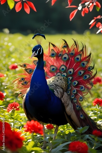 A beautiful red Peacock with open feathers perched on a gorgeous field