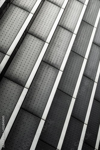 An abstract close-up of a metal surface features a striking pattern of black and white, showcasing industrial aesthetics, texture, and modern abstract design. photo