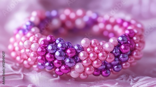 Beaded Bracelet. Smooth beads in Pink and Lilac Crochet Design for Decorative Womanly Handmade Art