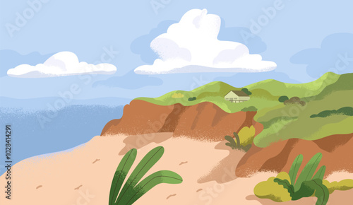 Calm landscape tranquil nature with sea, sand coast, clouds in sky. Peaceful serene shore, seacoast, water, secluded beach. Serenity, silence and tranquility in environment. Flat vector illustration