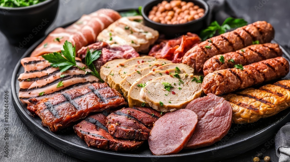 A platter of assorted mock meats made from soy protein, artfully representing vegan ingredients, all organic and lowcalorie for healthconscious consumers A platter of assorted mock meats made from soy protein, artfully representing vegan ingredients, all organic and lowcalorie for healthconscious consumers