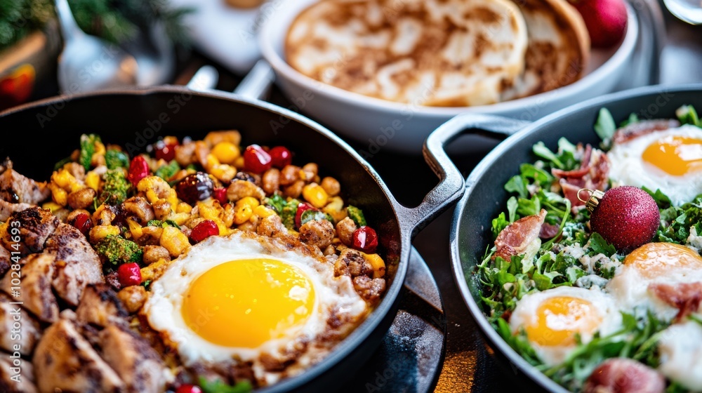 Hearty breakfast skillets with vibrant vegetables and sunny-side-up eggs, AI Hearty breakfast skillets with vibrant vegetables and sunny-side-up eggs, AI
