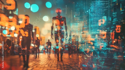 A humanoid robot walks through a bustling city at night, its form blending with the crowd and the neon lights.