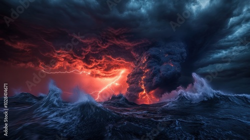 Wallpaper Mural A dramatic scene of a stormy ocean with lightning and volcanic activity in the sky. Torontodigital.ca