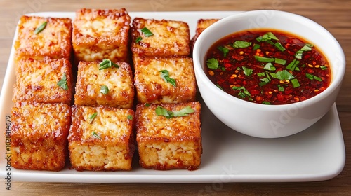 Crispy deepfried tofu, plated with spicy chili sauce, promoting vegan ingredients that are organic and lowcalorie yet flavorful photo