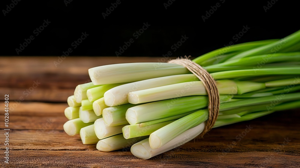 Fresh lemongrass tied in a bundle, emphasizing vegan ingredients, organic purity, and their lowcalorie addition to Thai soups Fresh lemongrass tied in a bundle, emphasizing vegan ingredients, organic purity, and their lowcalorie addition to Thai soups
