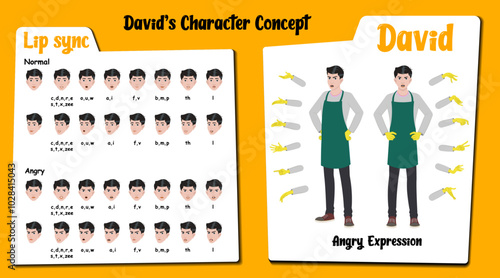 An angry housekeeper cartoon character AKA David. Caretaker cartoon vector character. Angry face expressions and lip sync. Set of caretaker with various hand gesture and front and 1/3 standing pose.