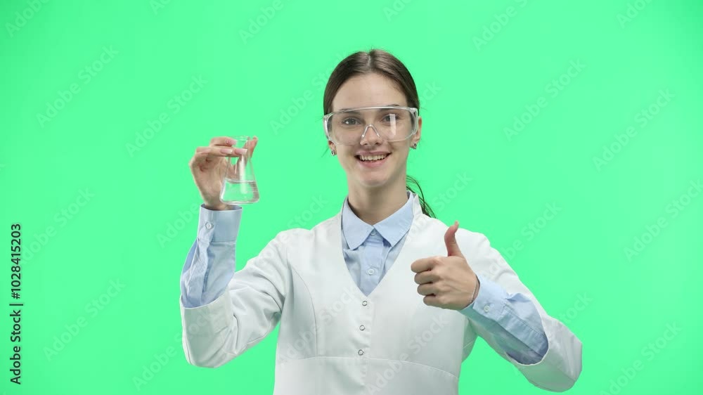 Female doctor, close-up, on a green background, holding a bottle Female doctor, close-up, on a green background, holding a bottle