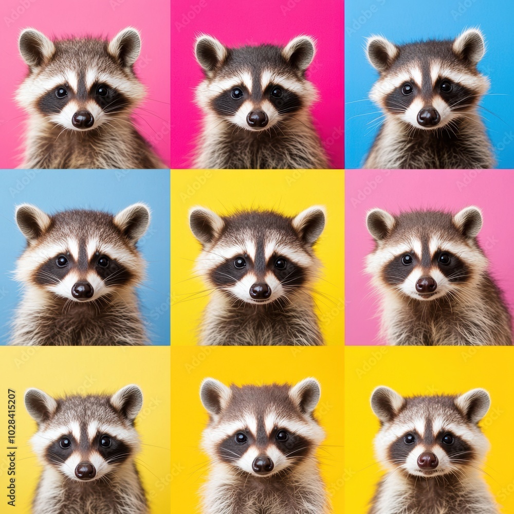 Obraz premium Adorable raccoons with colorful backgrounds create a playful pop art effect, AI