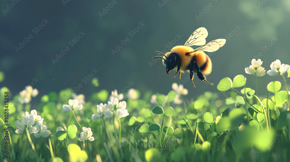 A bumblebee buzzing around a patch of clover