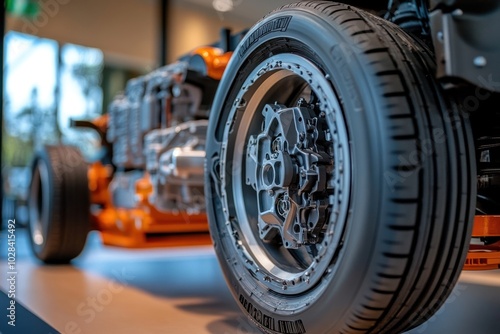 Close-up of a car's tire and wheel with a visible brake mechanism.