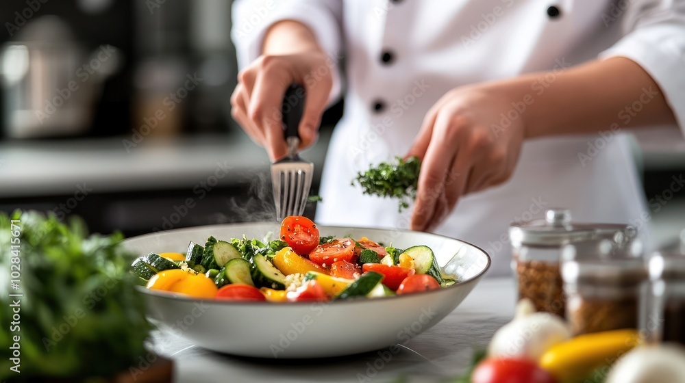 Close-up of a chef adding fresh herbs to a bowl of salad. Close-up of a chef adding fresh herbs to a bowl of salad.