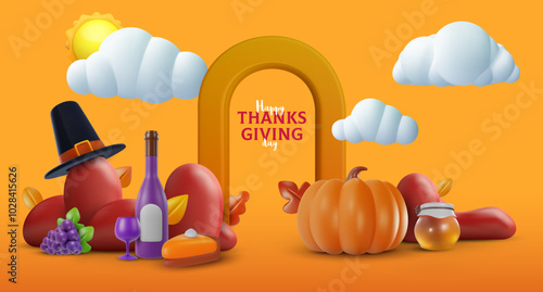 Design composition with pumpkin, pie, pilgrim hat, grape, wine, honey in 3d cartoon style. Happy thanksgiving holiday background. Vector illustration.