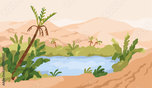 Desert landscape with calm oasis, water among sand dunes. Peaceful tranquil t...