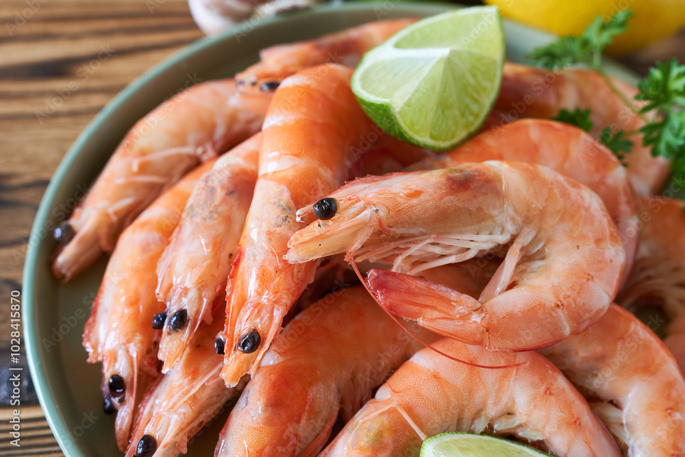 Boiled shrimps with lime on wooden table, closeup Boiled shrimps with lime on wooden table, closeup