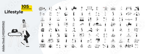 Everyday moments outline illustrations mega bundle. Moving house construction. Streaming tv. Hindu deepawali. Winter hazards 2D linear images isolated. Collection black and white vector drawings