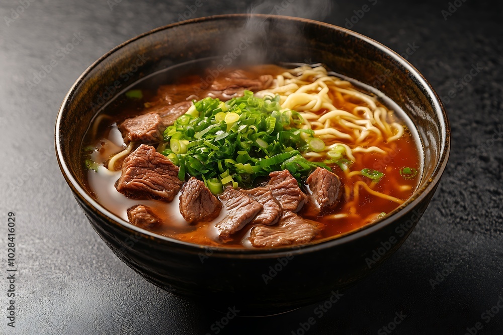 Steaming Bowl of Beef Noodle Soup with Green Onions. Steaming Bowl of Beef Noodle Soup with Green Onions.