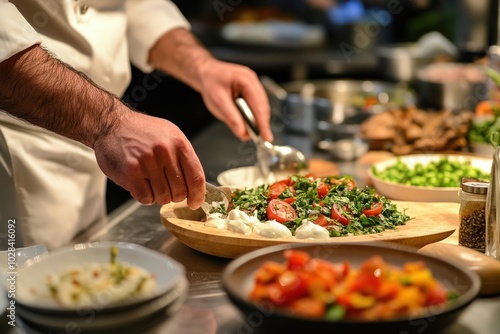 Close-up of a chef's hand plating a salad with tomatoes, herbs, and creamy dressing in a wooden bowl.