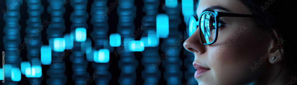 Young woman analyzing data with glasses, modern digital display in background Young woman analyzing data with glasses, modern digital display in background