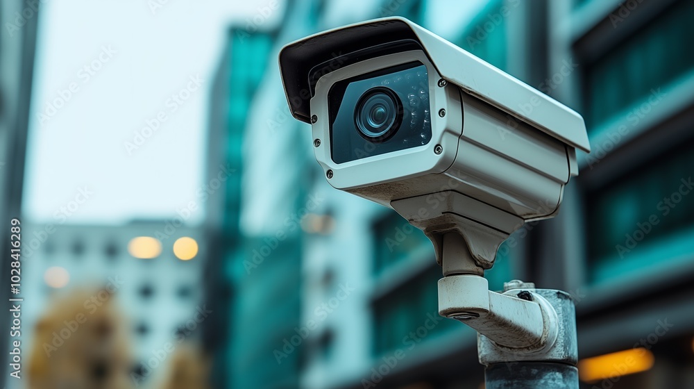 Surveillance camera on a pole with modern buildings in the background Surveillance camera on a pole with modern buildings in the background
