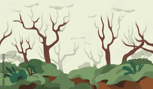 Misty forest landscape with bare trees. Fog in woodland, mysterious serene nature. Foggy wood, mist, leafless branches. Serene tranquil peaceful hazy scenery background. Flat vector illustration