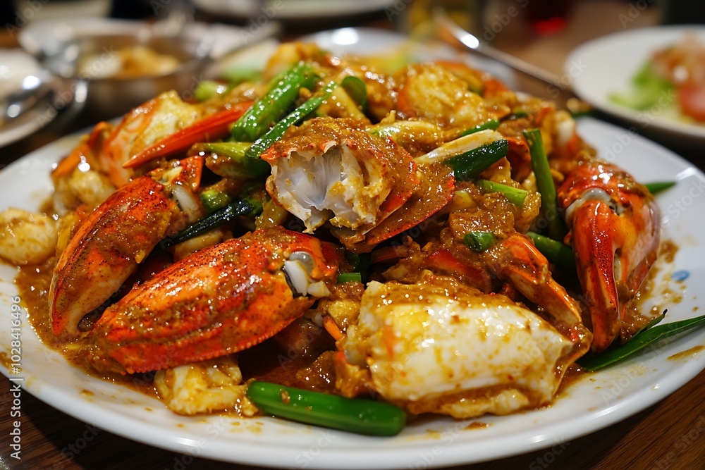 Close-up of Delicious Stir-Fried Crab Claws with Green Onions and Sauce on a White Plate. Close-up of Delicious Stir-Fried Crab Claws with Green Onions and Sauce on a White Plate.