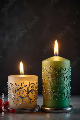 Christmas candles on the table create a warm and festive atmosphere, perfect for holiday gatherings.