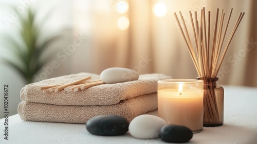 Spa towels candle incense sticks stones zen decor calming light relaxing vibes natural elements